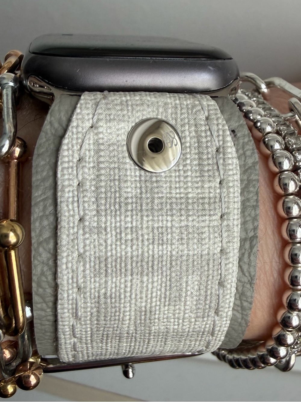 Upcycled white and gray Fendi Spark*l band for Apple Watch, size 2